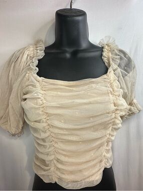 H&M Cream Ruched Puff-Sleeve Mesh Top XSmall Y2K going out